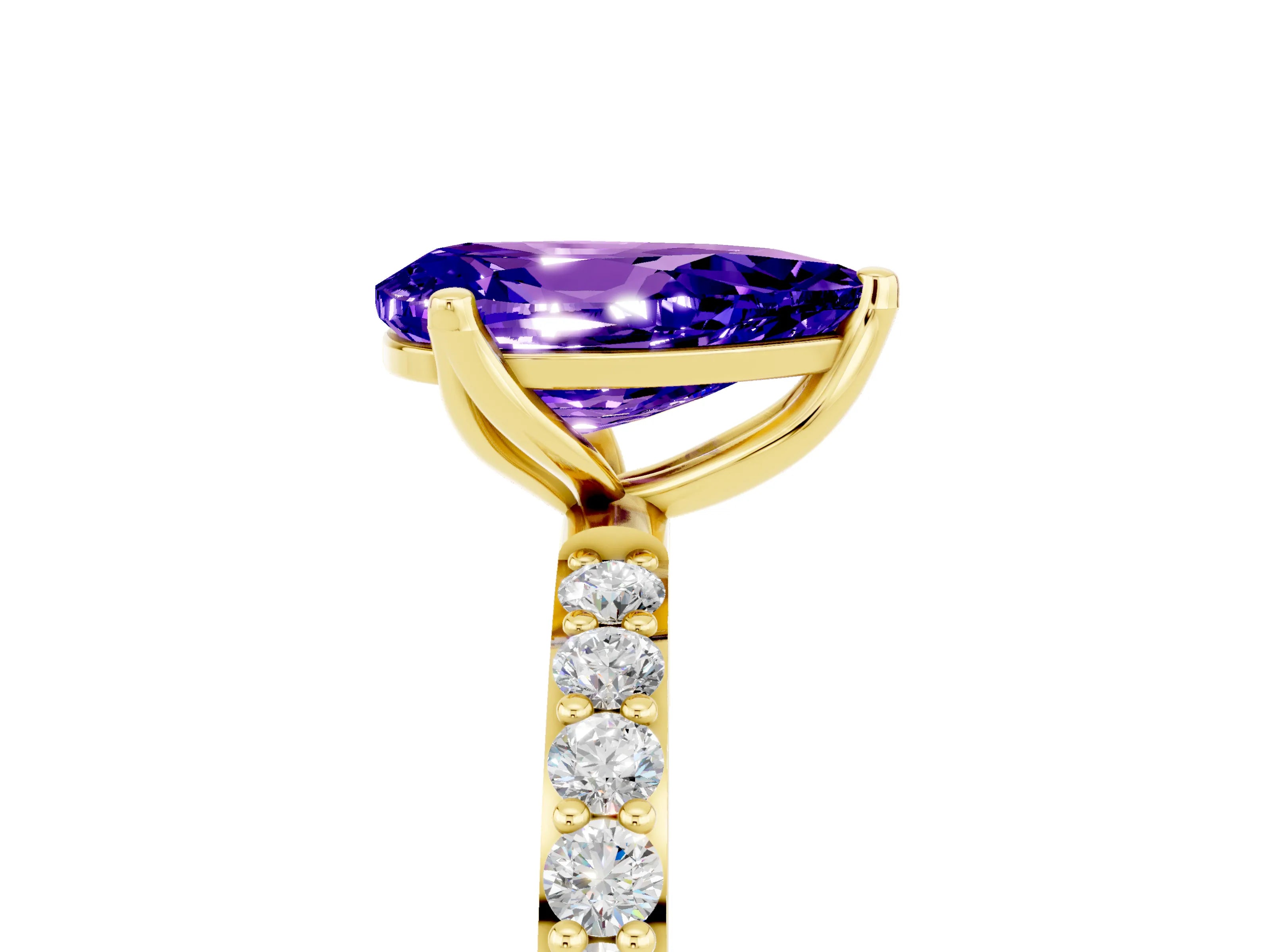 Yellow gold Pear Cut Tanzanite Solitaire Engagement Ring with Pavé Band and Prong Setting_5