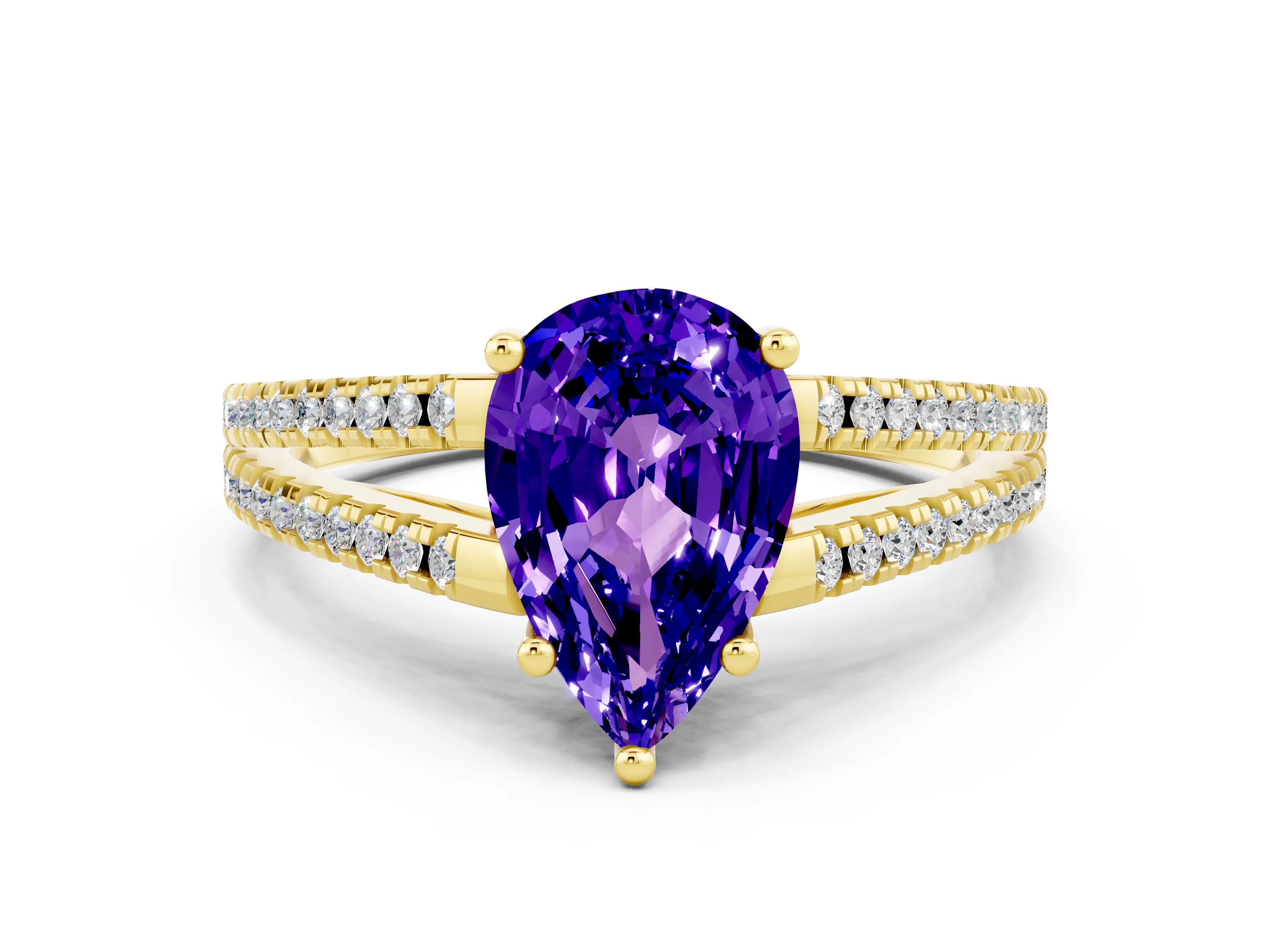 Yellow gold Pear Cut Tanzanite Solitaire Engagement Ring with Split Shank Pavé Band