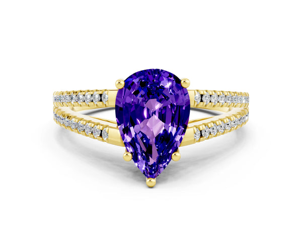 Yellow gold Pear Cut Tanzanite Solitaire Engagement Ring with Split Shank Pavé Band