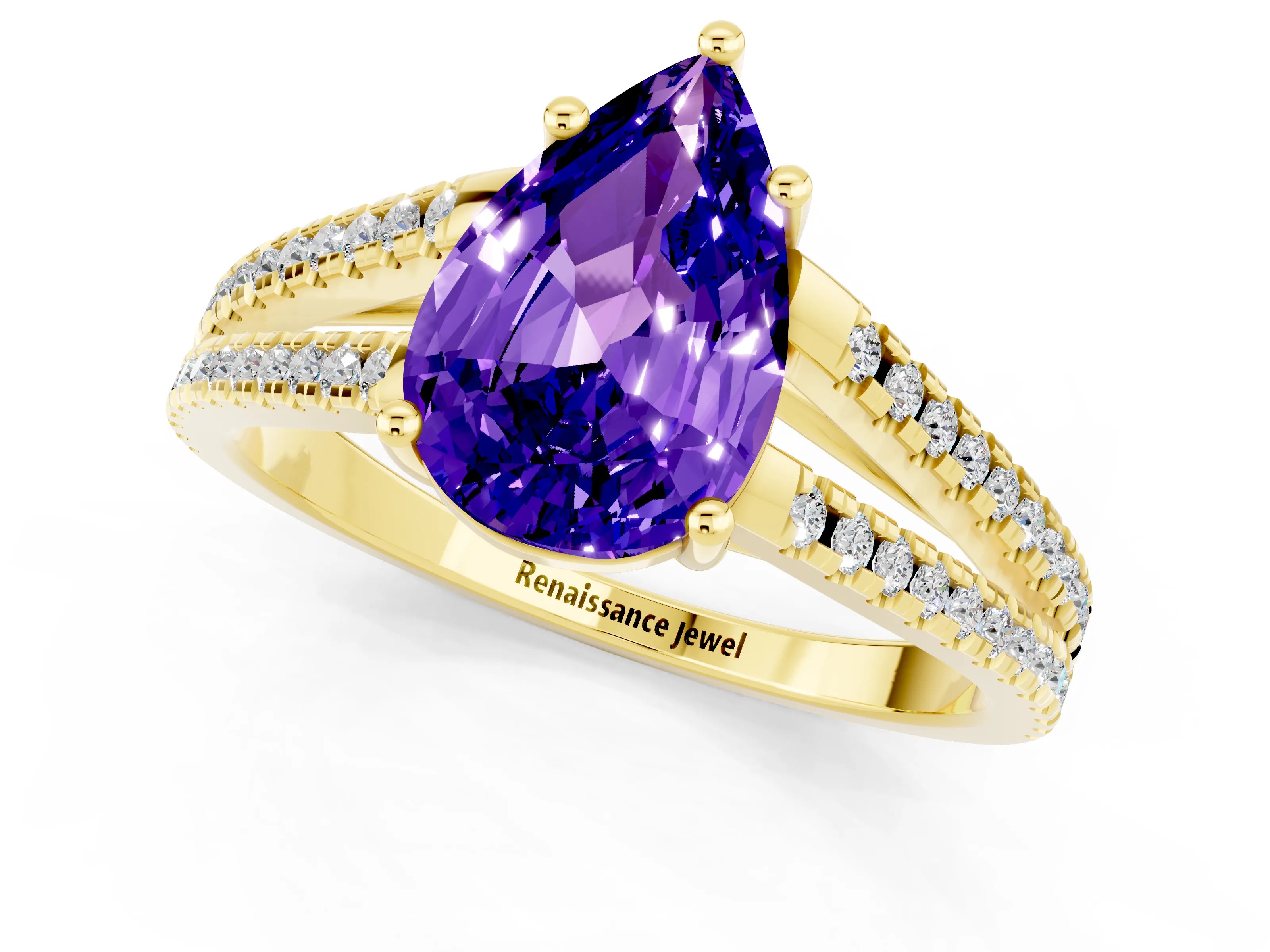 Yellow gold Pear Cut Tanzanite Solitaire Engagement Ring with Split Shank Pavé Band_1