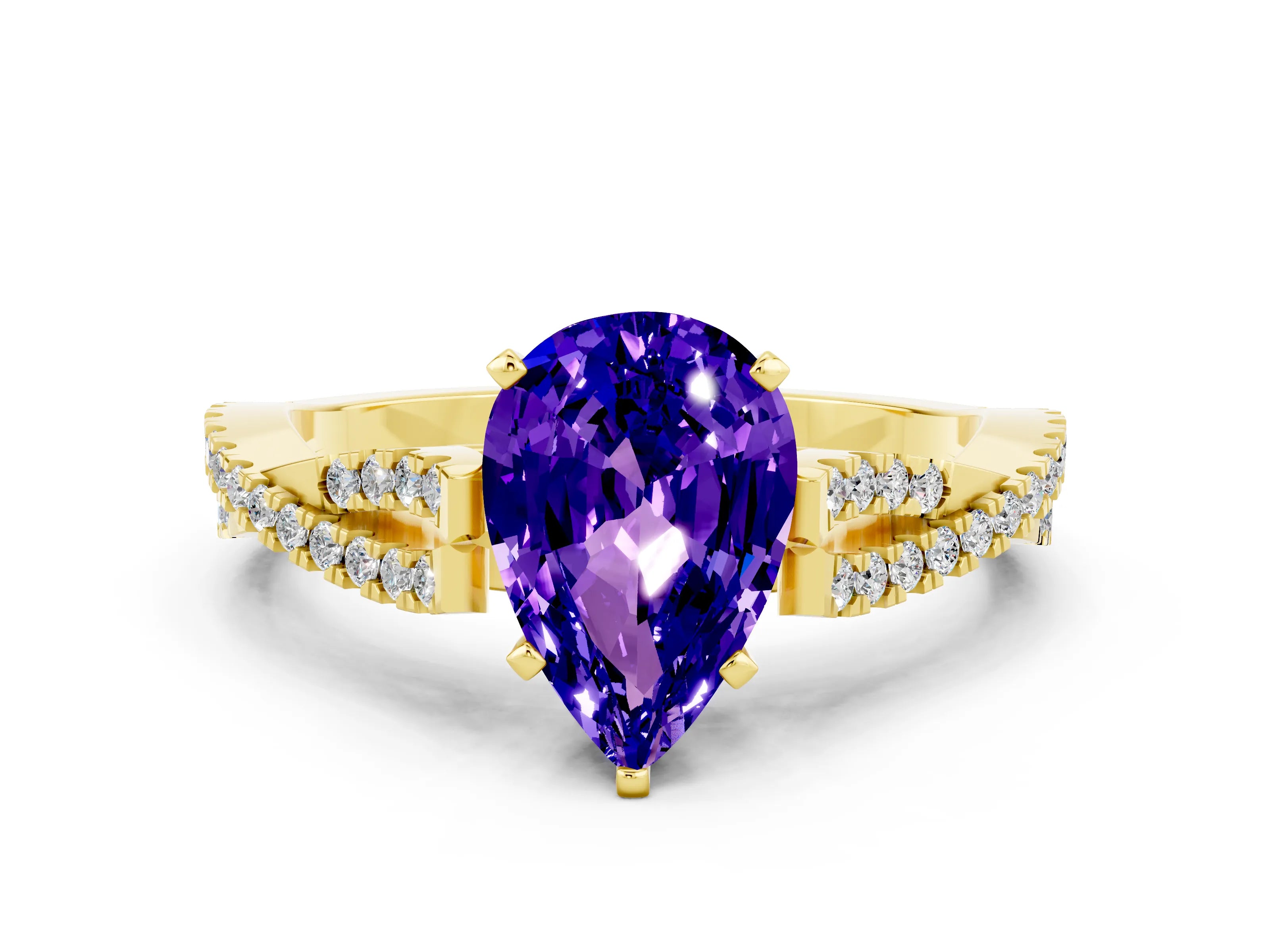 Yellow gold Pear Cut Tanzanite Solitaire Engagement Ring with Twisted Pavé Band and Four-Prong Setting