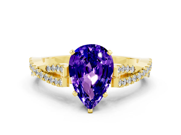 Yellow gold Pear Cut Tanzanite Solitaire Engagement Ring with Twisted Pavé Band and Four-Prong Setting