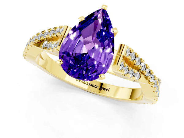 Yellow gold Pear Cut Tanzanite Solitaire Engagement Ring with Twisted Pavé Band and Four-Prong Setting