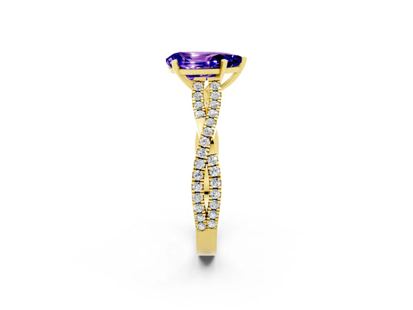 Yellow gold Pear Cut Tanzanite Solitaire Engagement Ring with Twisted Pavé Band and Four-Prong Setting