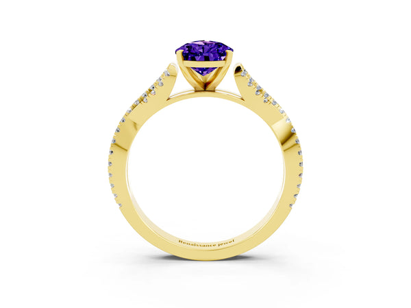 Yellow gold Pear Cut Tanzanite Solitaire Engagement Ring with Twisted Pavé Band and Four-Prong Setting