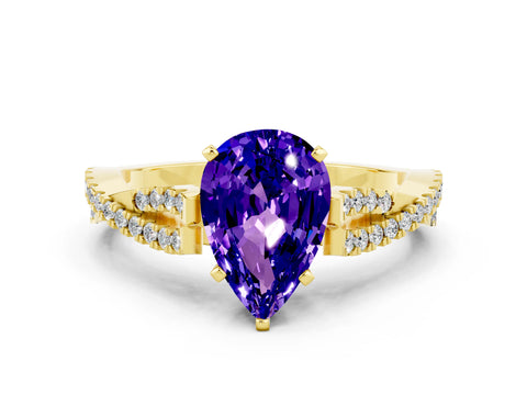 Yellow gold Pear Cut Tanzanite Solitaire Engagement Ring with Twisted Pavé Band and Four-Prong Setting