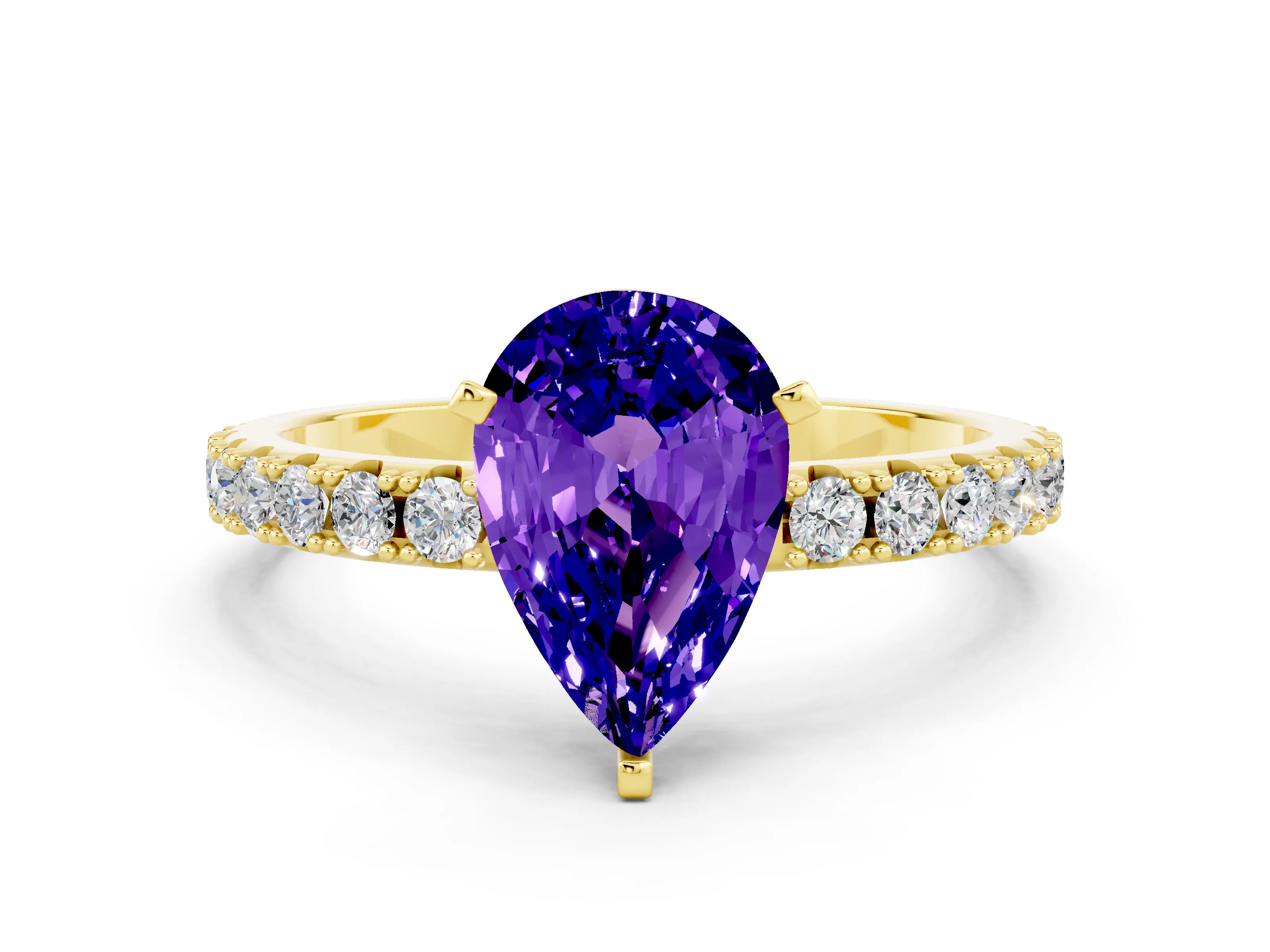 Yellow gold Pear Cut Tanzanite Solitaire Pavé Band with Four-Prong Setting