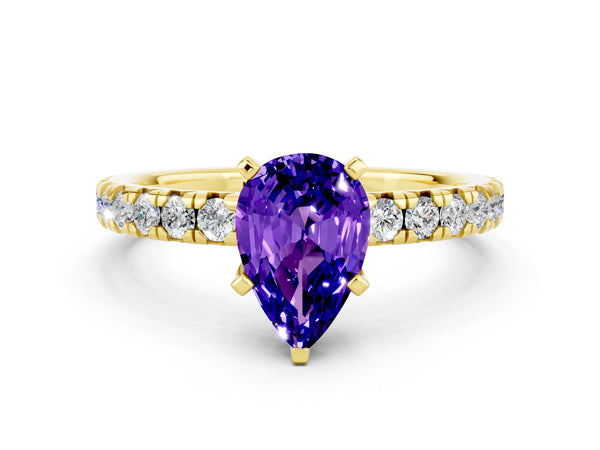 Yellow gold Pear Cut Tanzanite Solitaire Pavé Engagement Ring with Round Band and Prong Setting