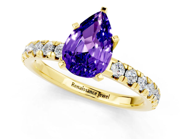 Yellow gold Pear Cut Tanzanite Solitaire Pavé Engagement Ring with Round Band and Prong Setting