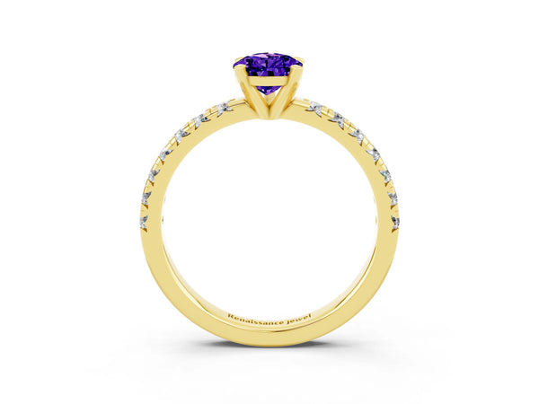 Yellow gold Pear Cut Tanzanite Solitaire Pavé Engagement Ring with Round Band and Prong Setting