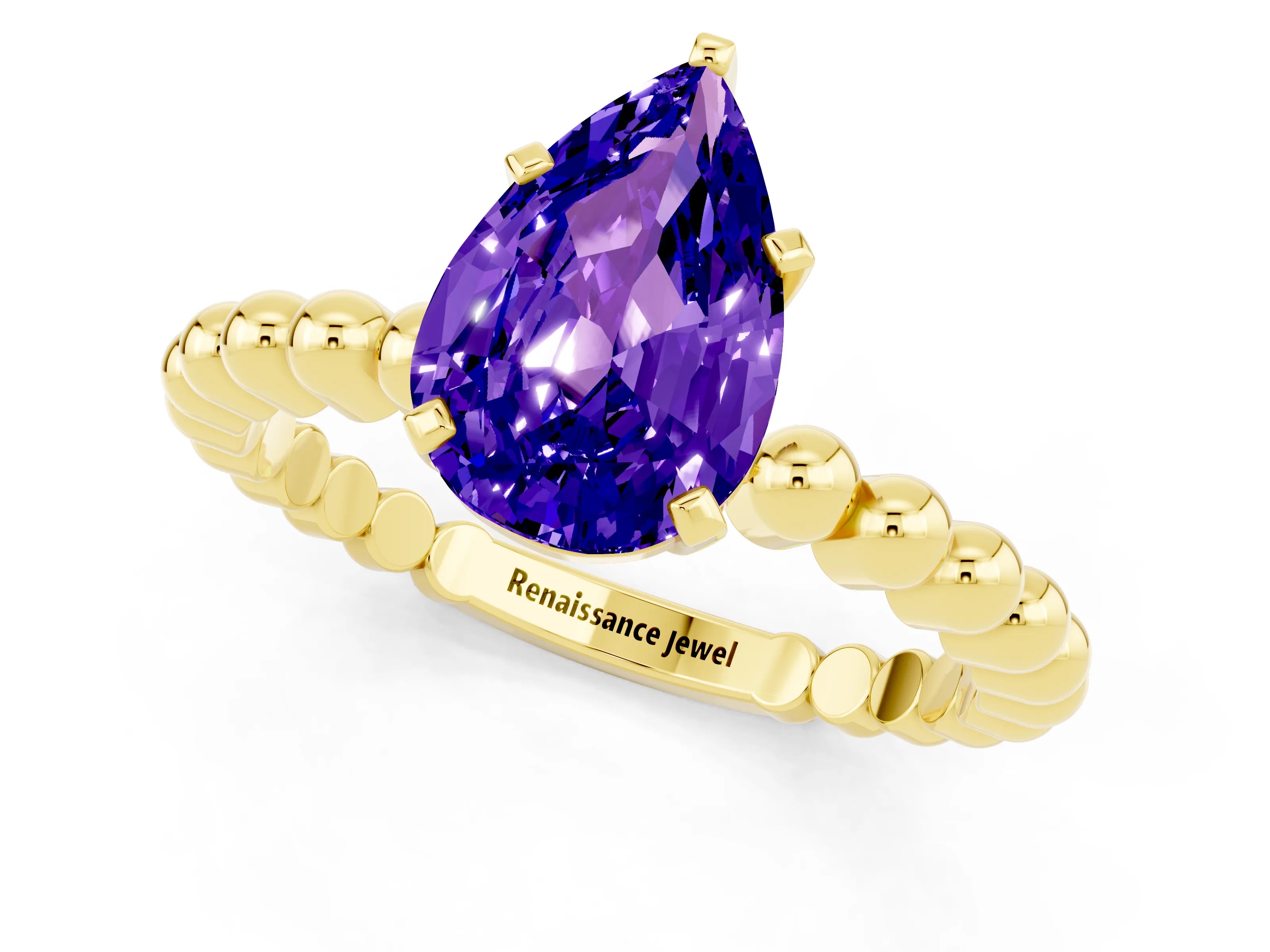 Yellow gold Pear Cut Tanzanite Solitaire Ring with Beaded Band and Prong Setting_1