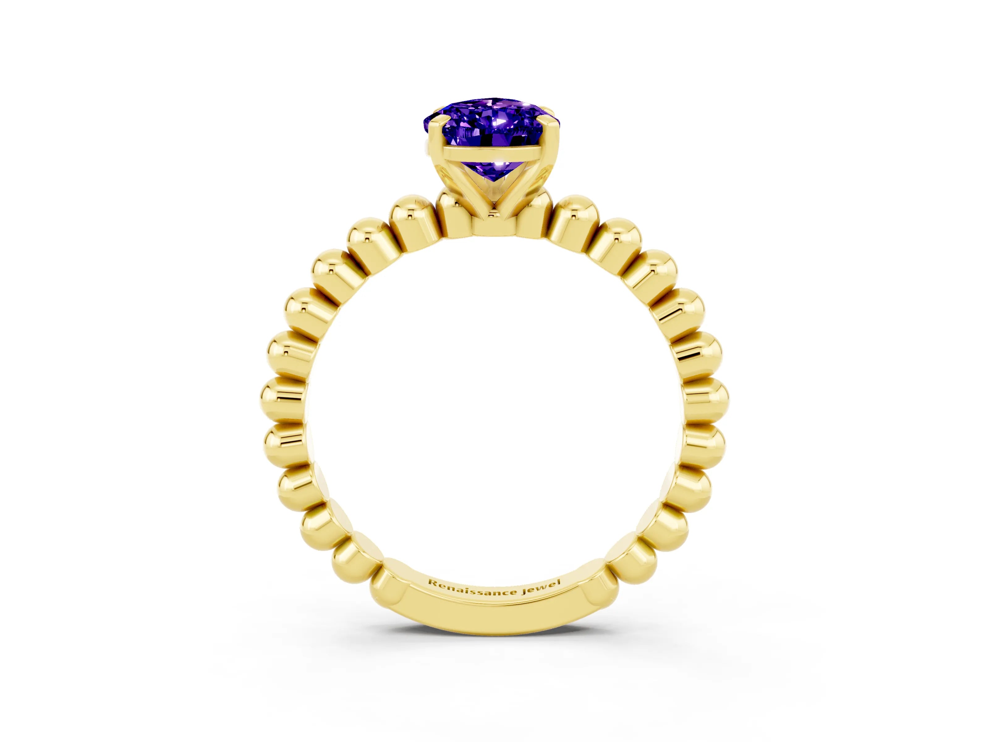 Yellow gold Pear Cut Tanzanite Solitaire Ring with Beaded Band and Prong Setting_3