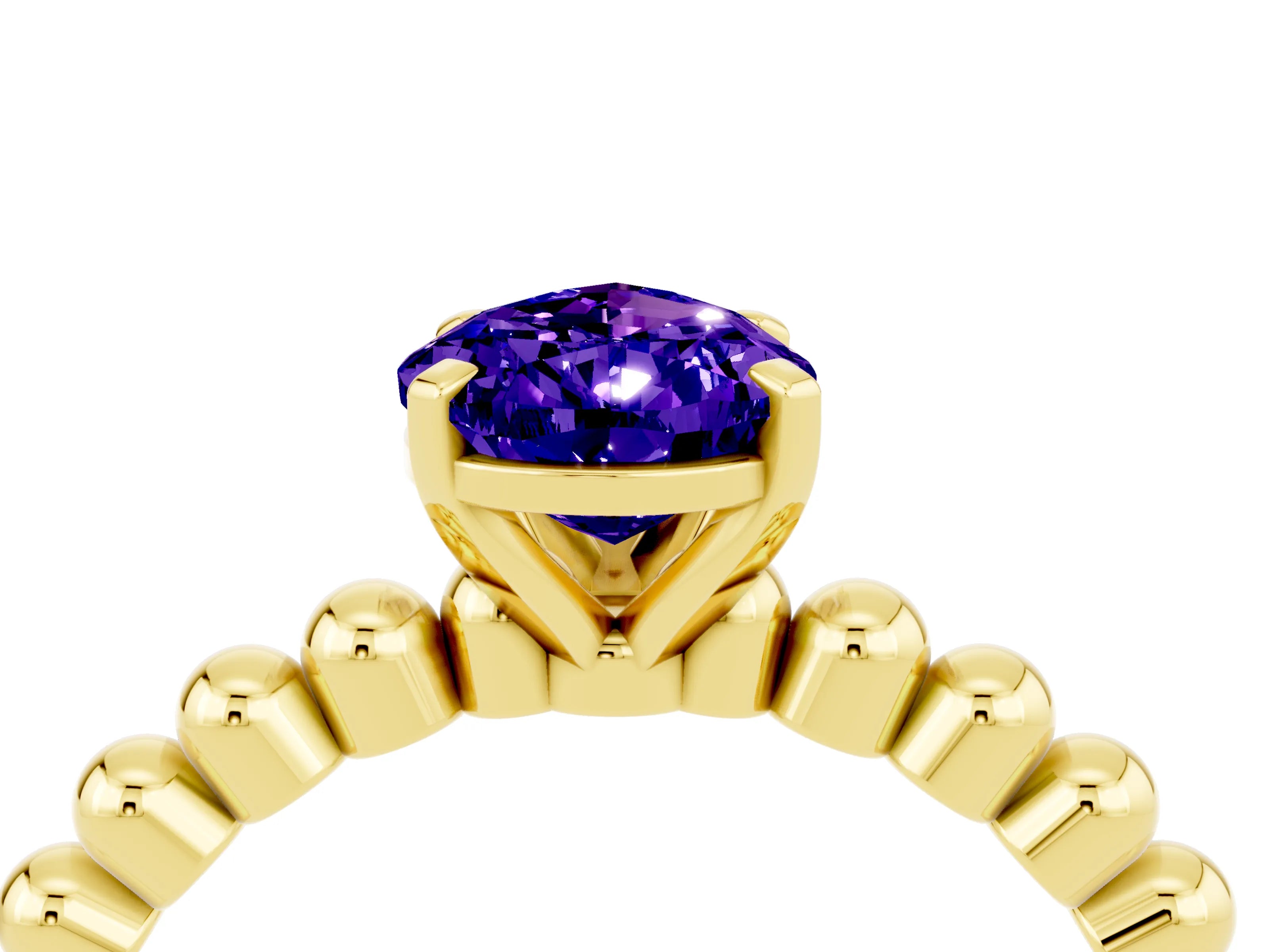 Yellow gold Pear Cut Tanzanite Solitaire Ring with Beaded Band and Prong Setting_4