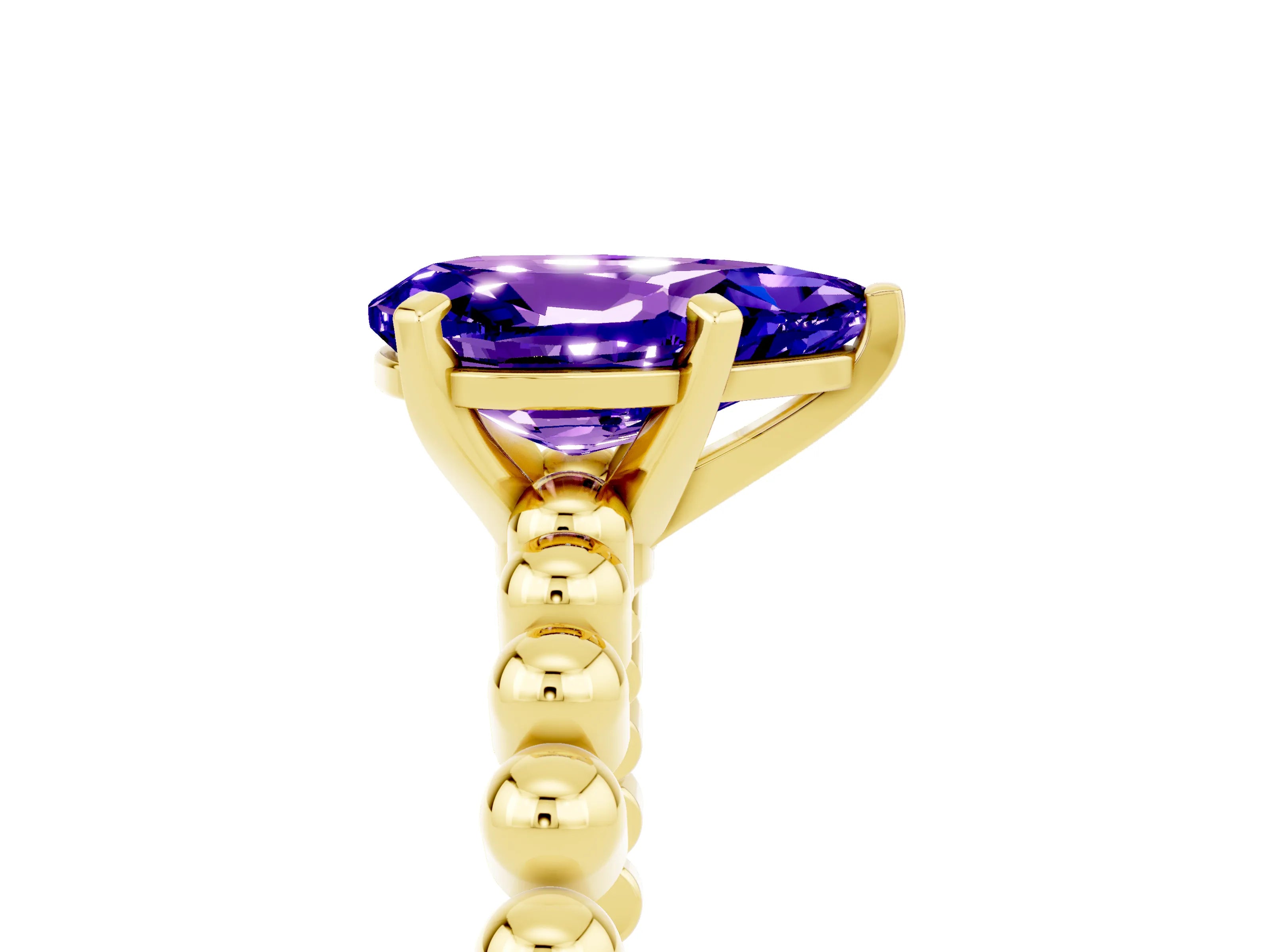 Yellow gold Pear Cut Tanzanite Solitaire Ring with Beaded Band and Prong Setting_5