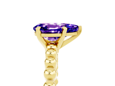 Yellow gold Pear Cut Tanzanite Solitaire Ring with Beaded Band and Prong Setting_5