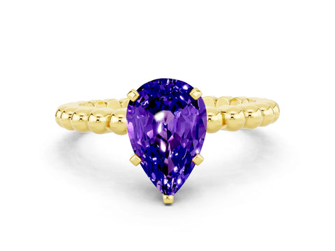 Yellow gold Pear Cut Tanzanite Solitaire Ring with Beaded Band and Prong Setting
