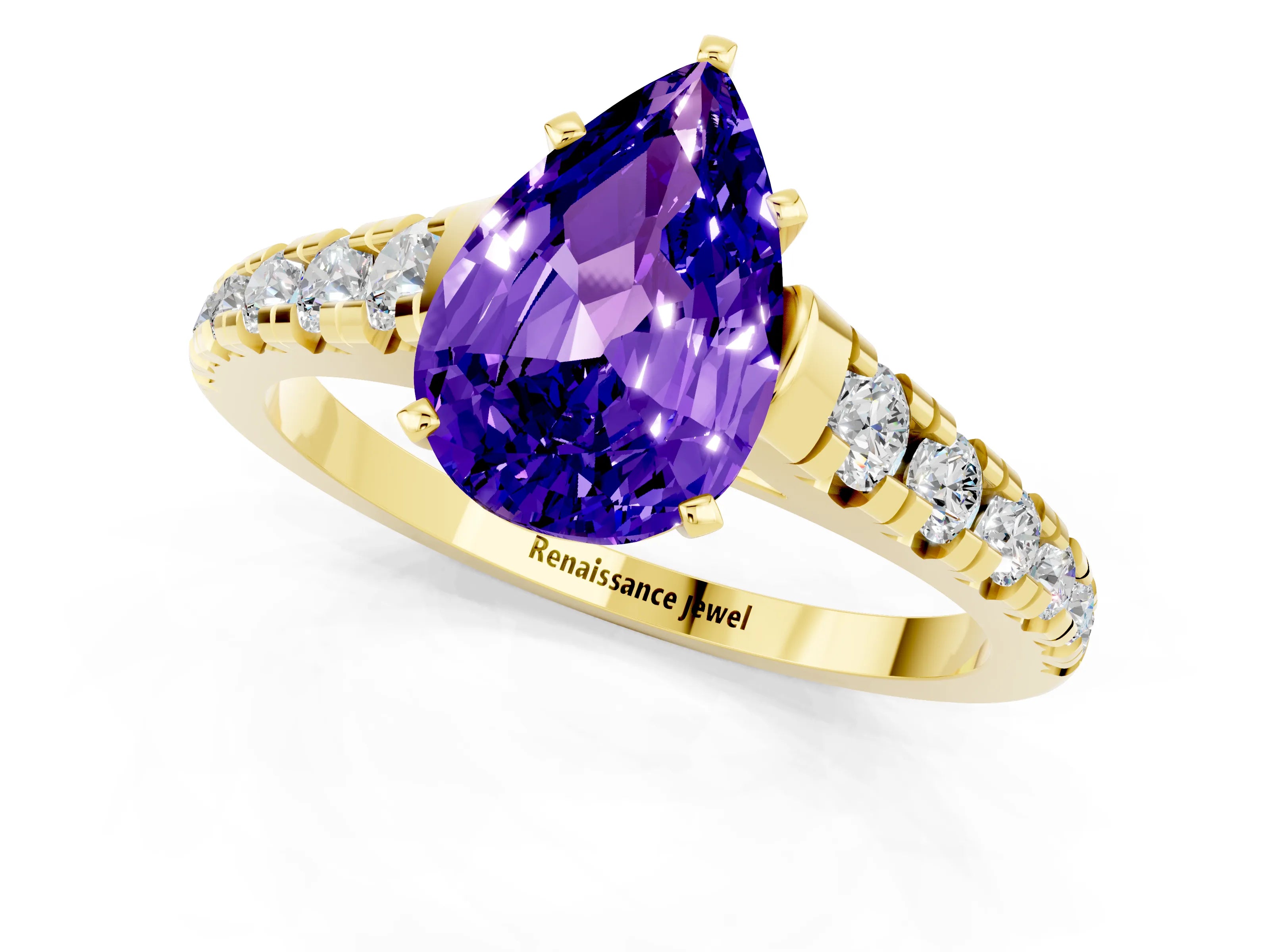 Yellow gold Pear Cut Tanzanite Solitaire Ring with Cathedral Setting and Pavé Band_1