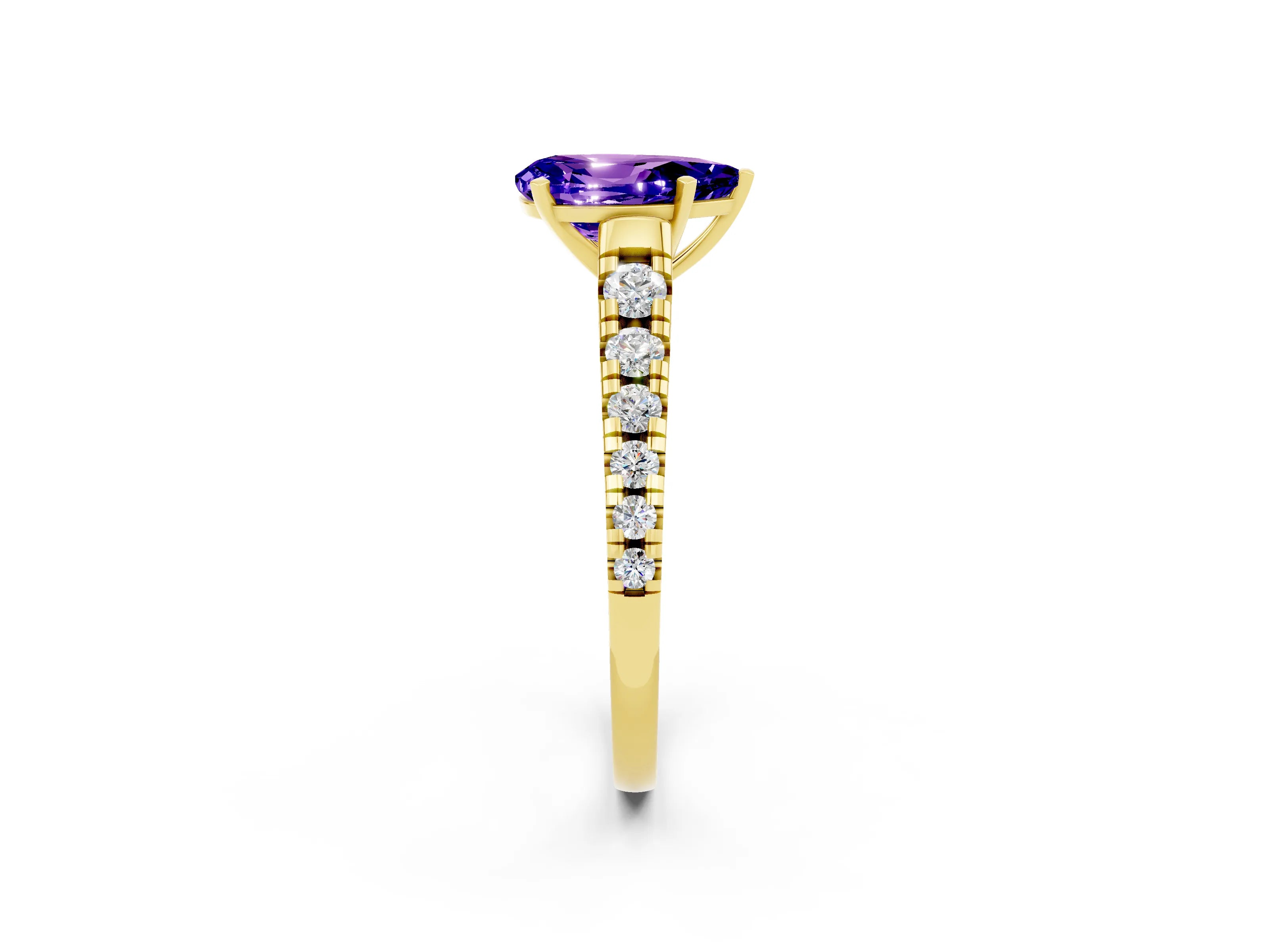 Yellow gold Pear Cut Tanzanite Solitaire Ring with Cathedral Setting and Pavé Band_2
