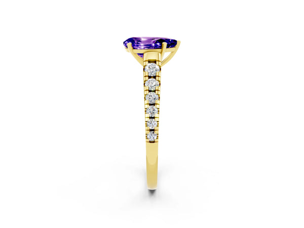 Yellow gold Pear Cut Tanzanite Cathedral Solitaire Ring with Round  Pavé Band