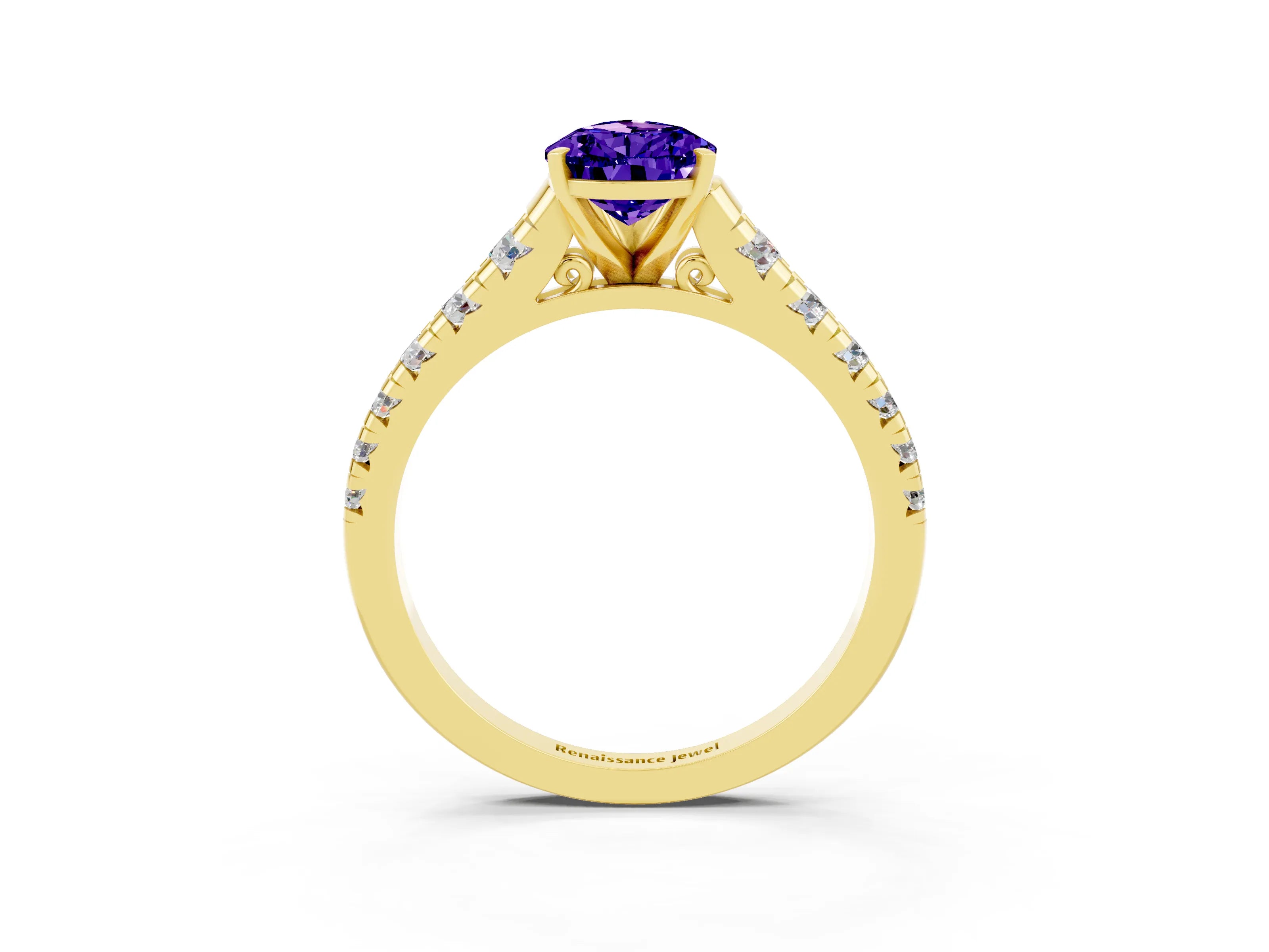 Yellow gold Pear Cut Tanzanite Solitaire Ring with Cathedral Setting and Pavé Band_3