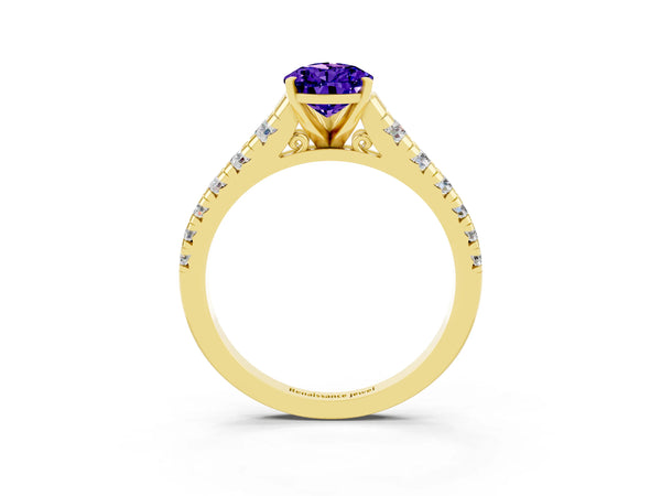 Yellow gold Pear Cut Tanzanite Cathedral Solitaire Ring with Round  Pavé Band