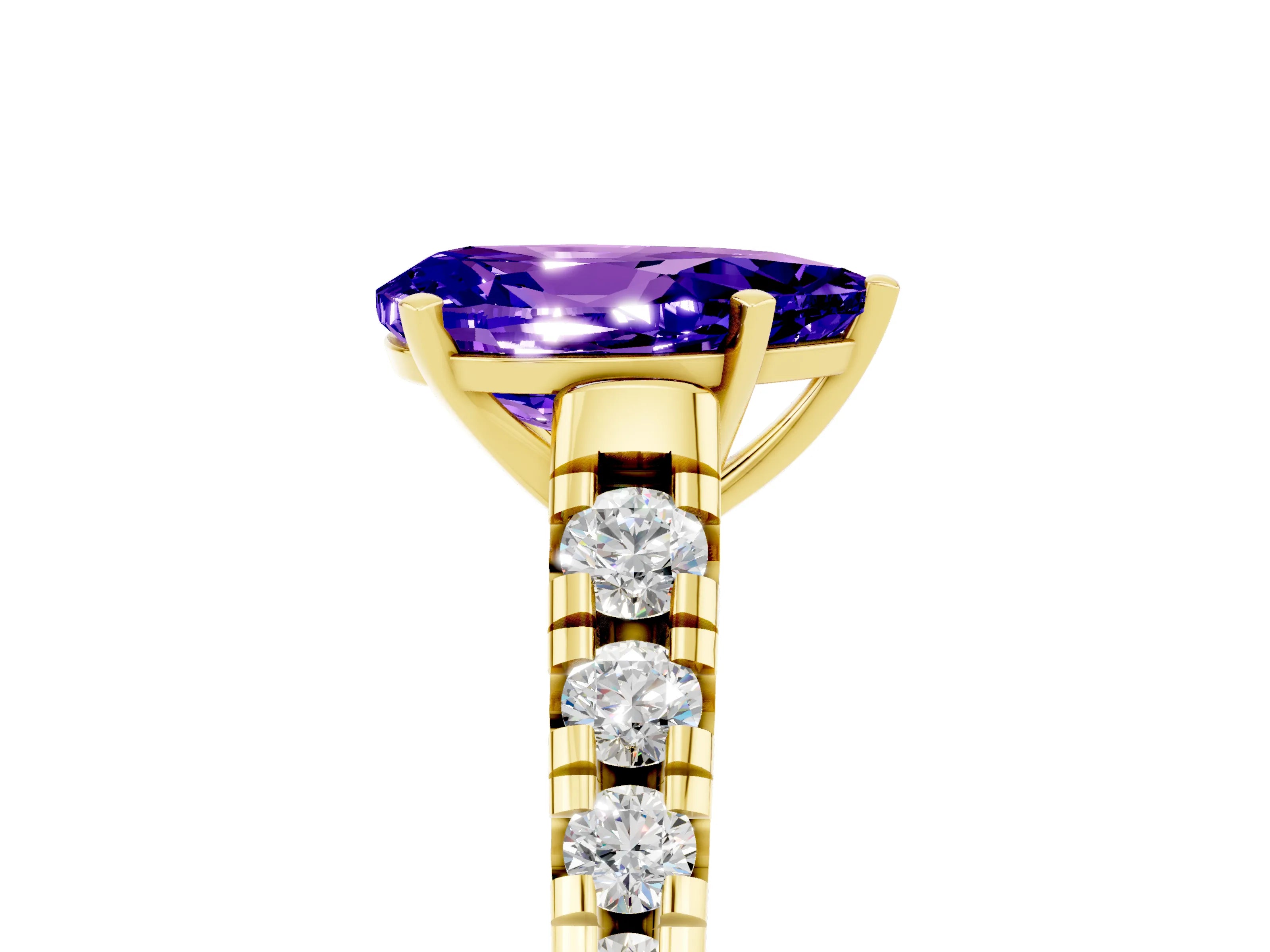 Yellow gold Pear Cut Tanzanite Solitaire Ring with Cathedral Setting and Pavé Band_5