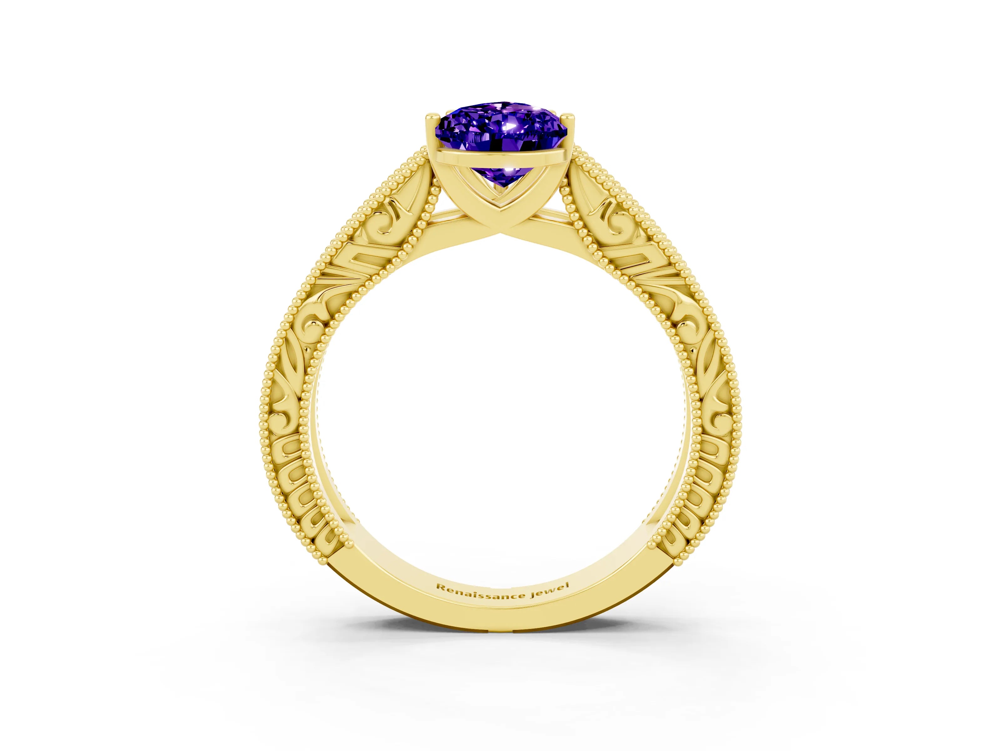 Yellow gold Pear Cut Tanzanite Solitaire Ring with Engraved Band and Four-Prong Setting_3