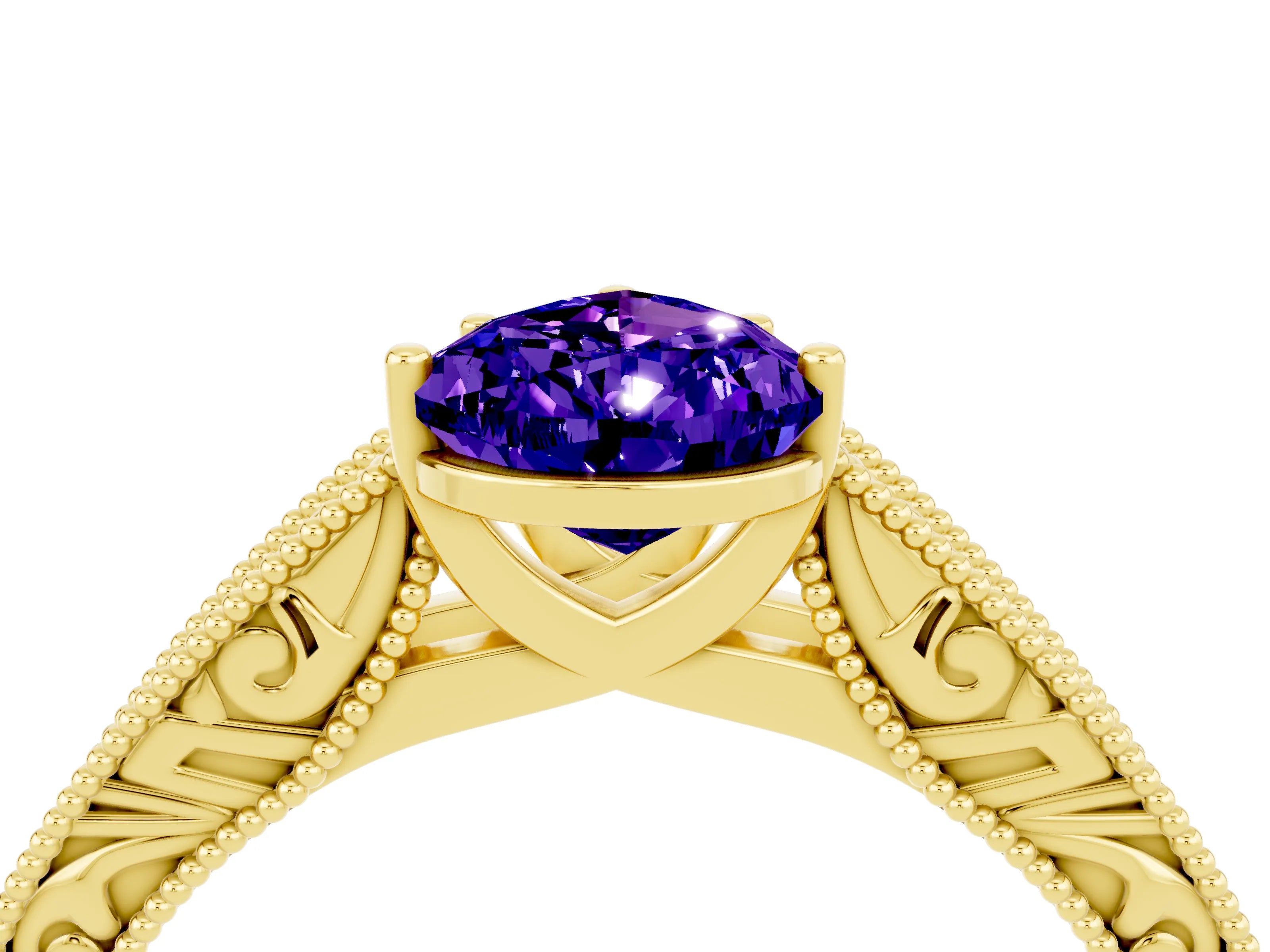 Yellow gold Pear Cut Tanzanite Solitaire Ring with Engraved Band and Four-Prong Setting_4