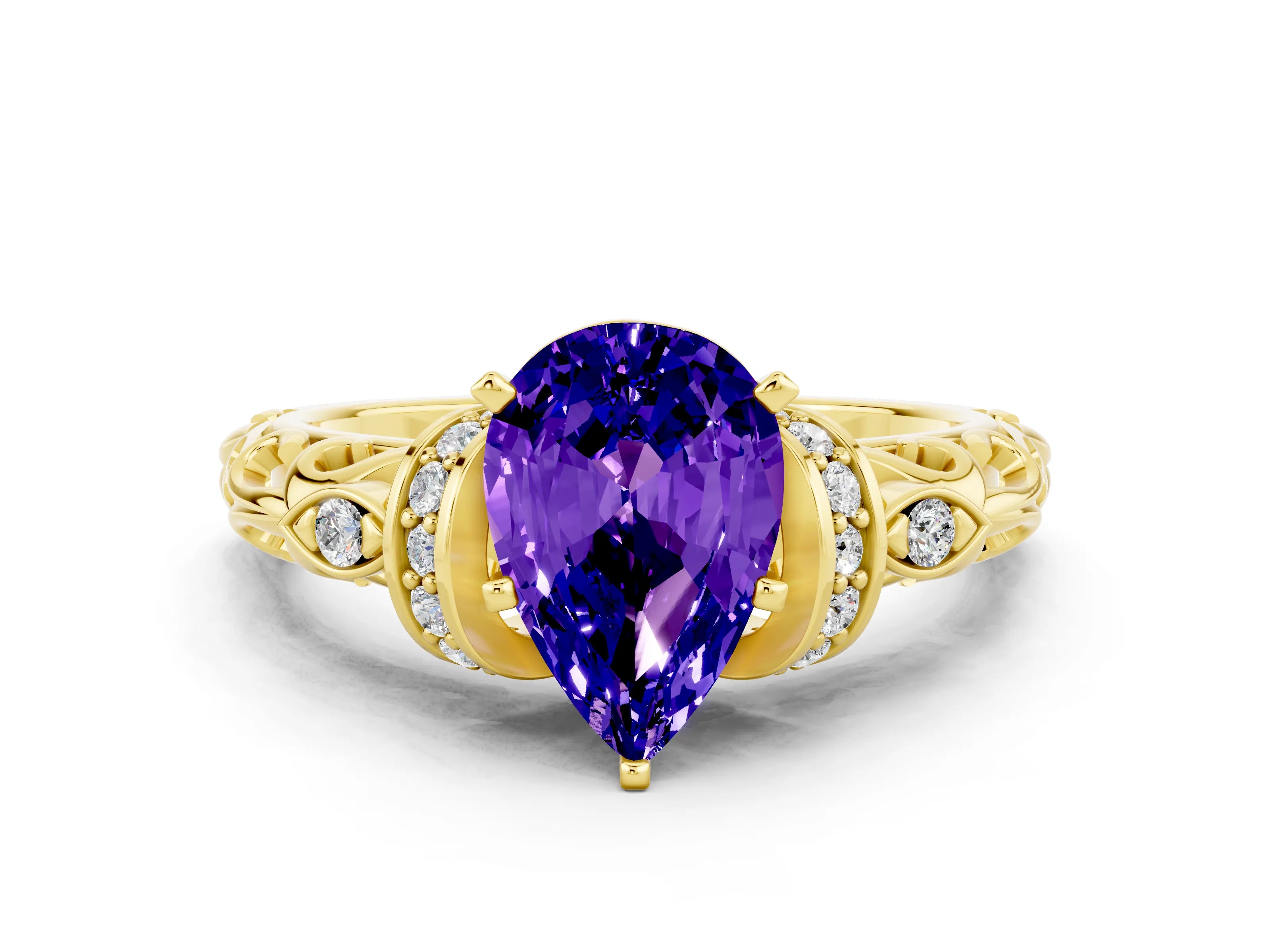 Yellow gold Pear Cut Tanzanite Solitaire Ring with Filigree Band and Four-Prong Setting_24