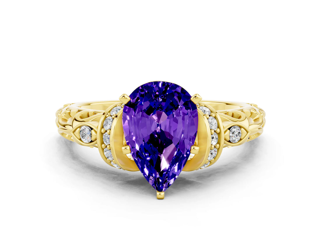 Yellow gold Pear Cut Tanzanite Solitaire Ring with Filigree Band and Four-Prong Setting_24