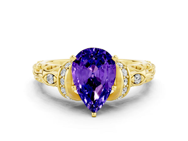 Yellow gold Pear Cut Tanzanite Solitaire Ring with Filigree Band and Four-Prong Setting