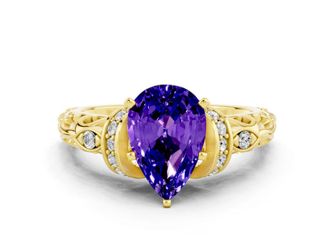 Yellow gold Pear Cut Tanzanite Solitaire Ring with Filigree Band and Four-Prong Setting_24