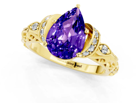 Yellow gold Pear Cut Tanzanite Solitaire Ring with Filigree Band and Four-Prong Setting_25