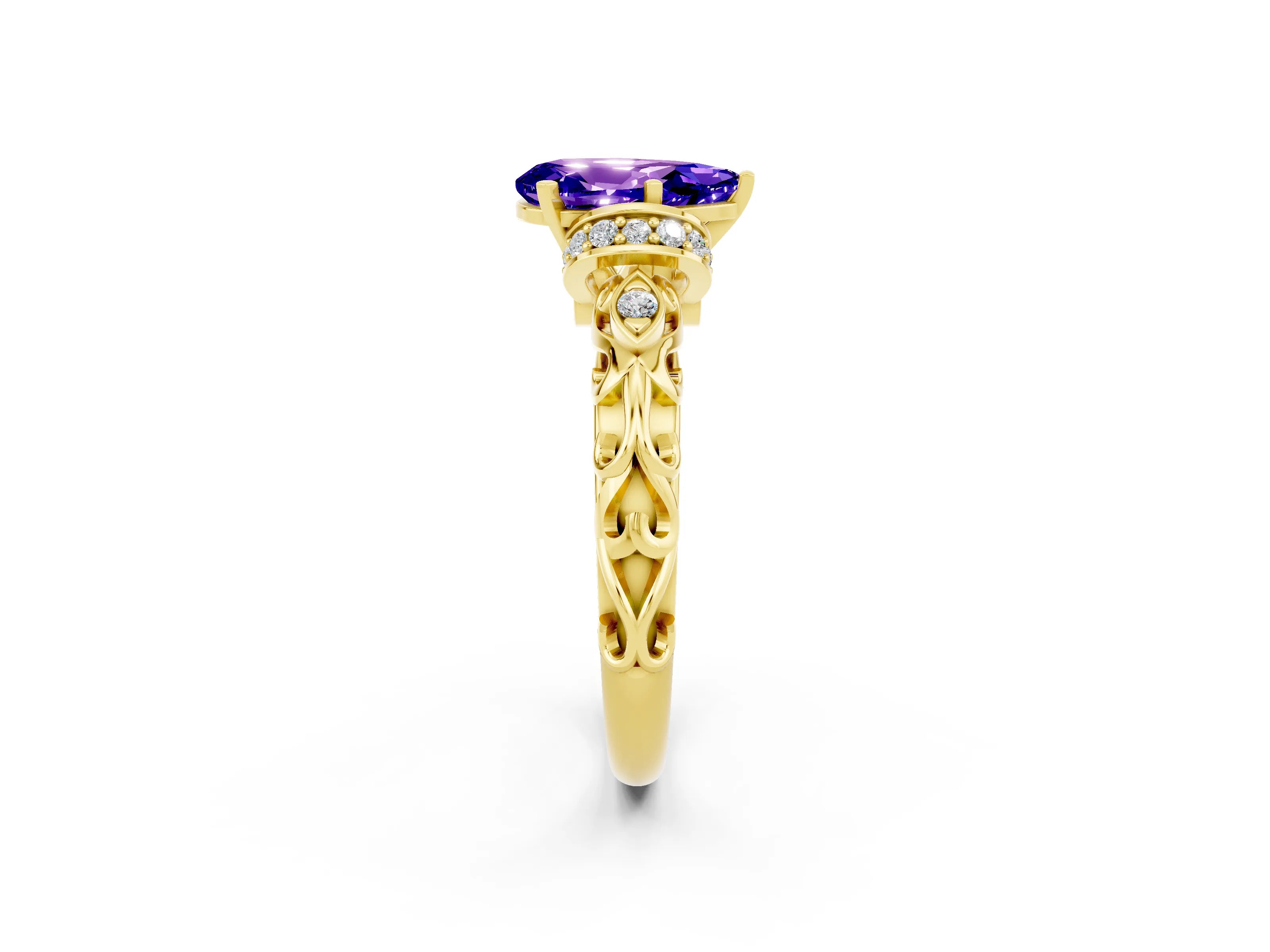 Yellow gold Pear Cut Tanzanite Solitaire Ring with Filigree Band and Four-Prong Setting_26