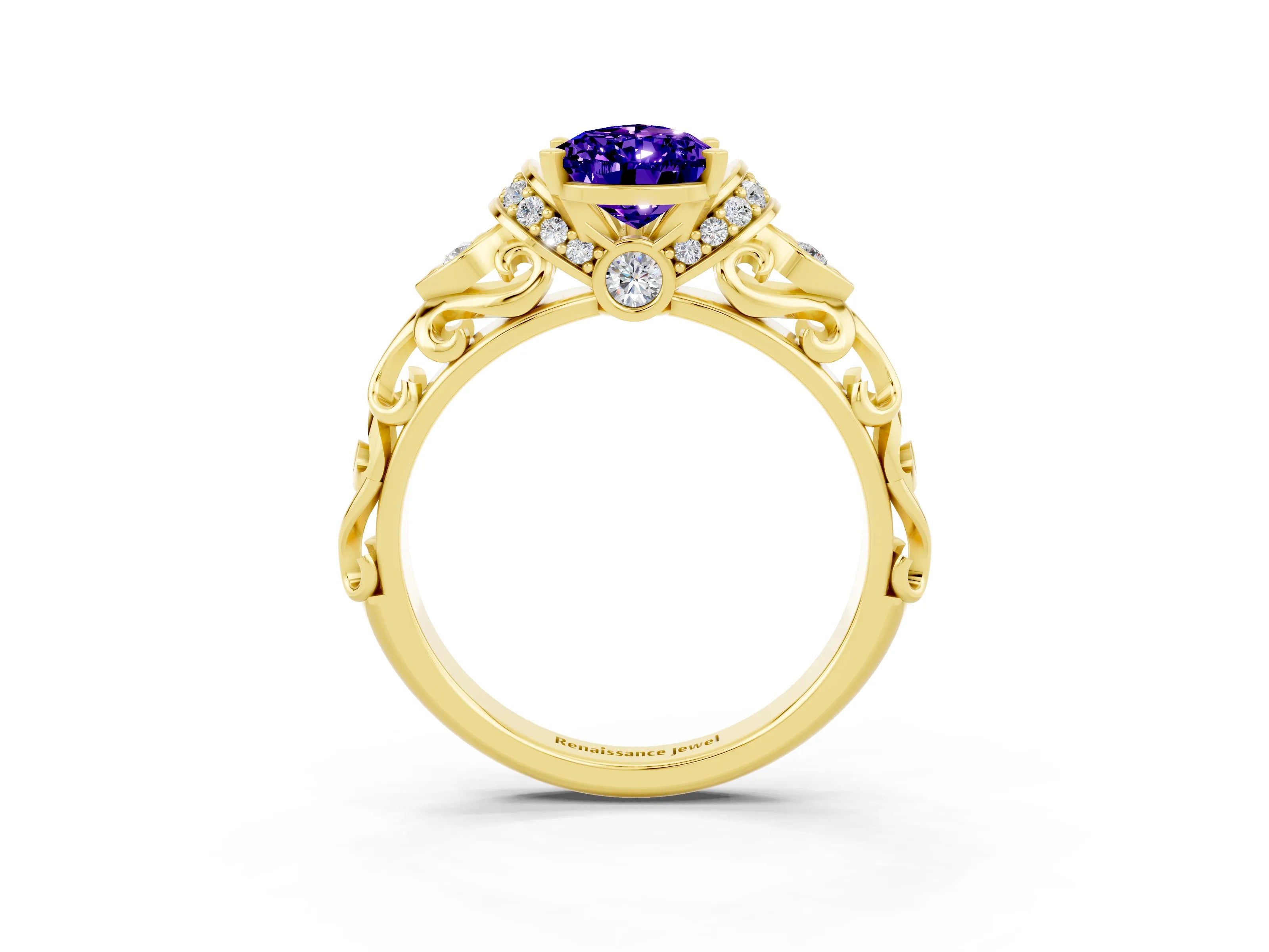 Yellow gold Pear Cut Tanzanite Solitaire Ring with Filigree Band and Four-Prong Setting_27