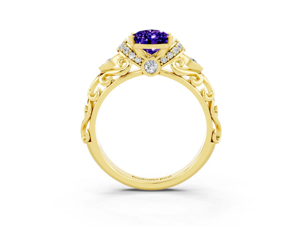 Yellow gold Pear Cut Tanzanite Solitaire Ring with Filigree Band and Four-Prong Setting