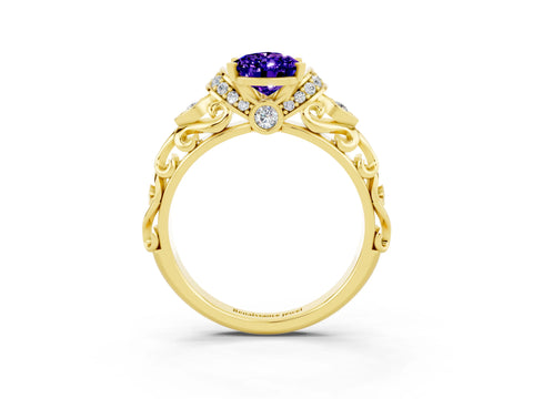 Yellow gold Pear Cut Tanzanite Solitaire Ring with Filigree Band and Four-Prong Setting_27