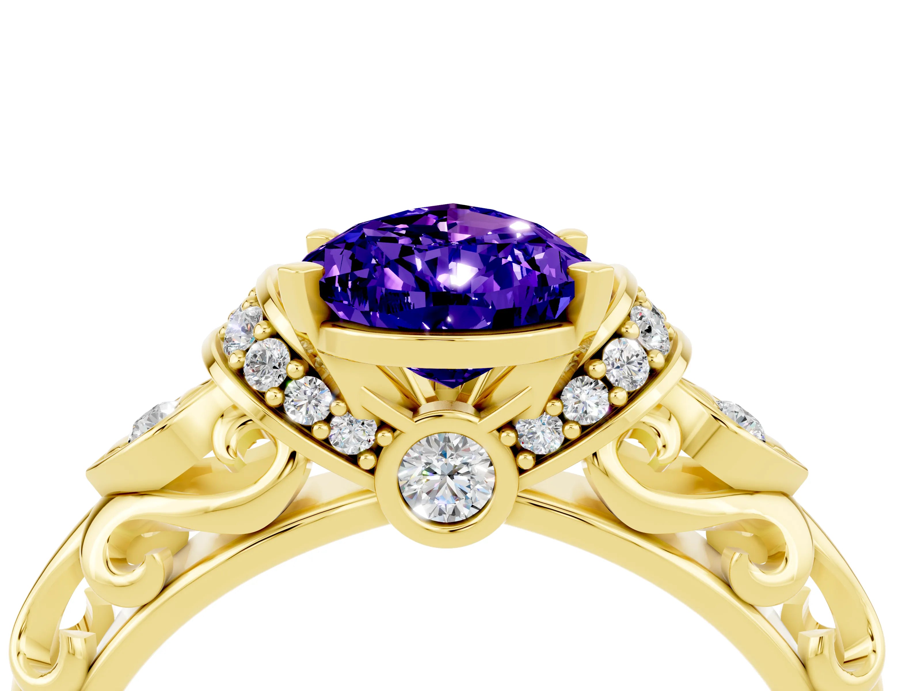 Yellow gold Pear Cut Tanzanite Solitaire Ring with Filigree Band and Four-Prong Setting_28