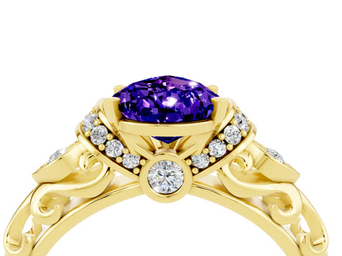 Yellow gold Pear Cut Tanzanite Solitaire Ring with Filigree Band and Four-Prong Setting_28