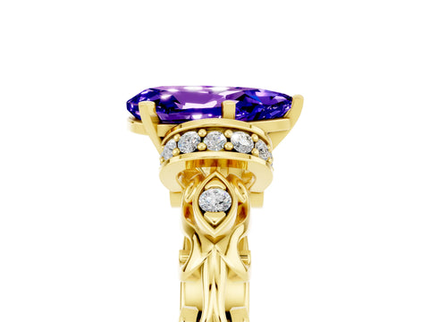 Yellow gold Pear Cut Tanzanite Solitaire Ring with Filigree Band and Four-Prong Setting_29