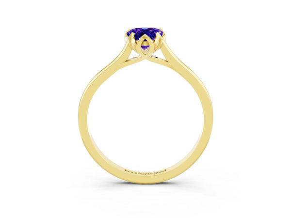 Yellow gold Pear Cut Tanzanite Solitaire Ring with Flower Prong Setting and Classic Band