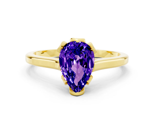 Yellow gold Pear Cut Tanzanite Solitaire Ring with Flower Prong Setting and Classic Band