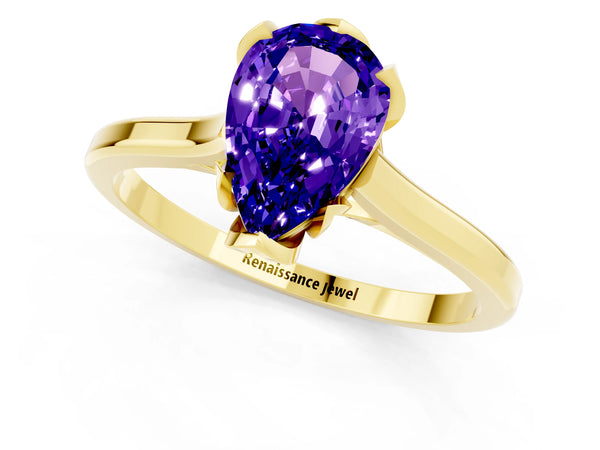 Yellow gold Pear Cut Tanzanite Solitaire Ring with Flower Prong Setting and Classic Band