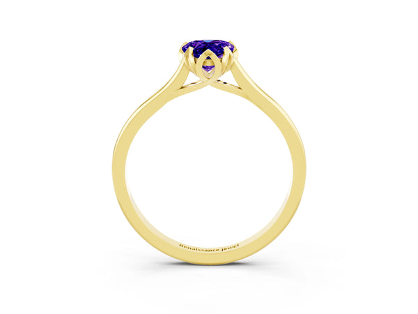 Yellow gold Pear Cut Tanzanite Solitaire Ring with Flower Prong Setting and Classic Band