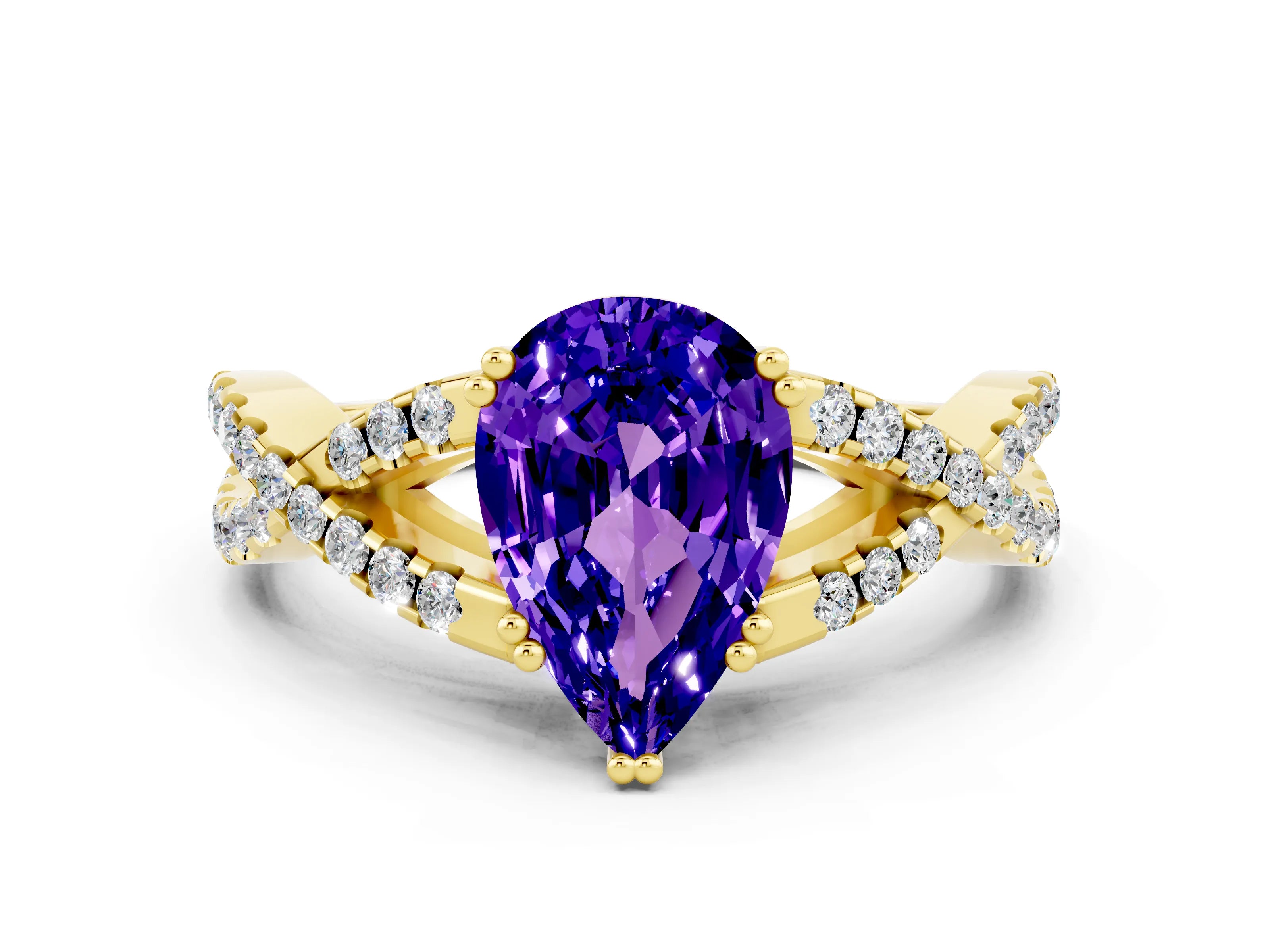 Yellow gold Pear Cut Tanzanite Solitaire Ring with Four-Prong Setting and Twisted Pavé Band