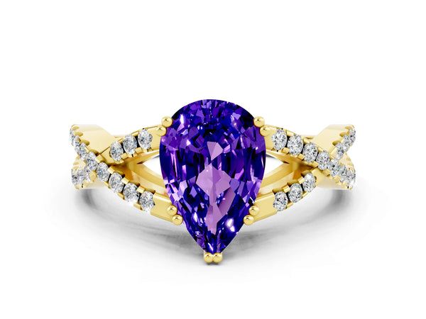 Yellow gold Pear Cut Tanzanite Solitaire Ring with Four-Prong Setting and Twisted Pavé Band