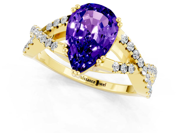 Yellow gold Pear Cut Tanzanite Solitaire Ring with Four-Prong Setting and Twisted Pavé Band
