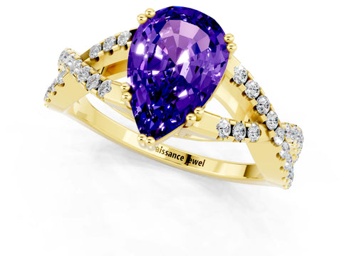 Yellow gold Pear Cut Tanzanite Solitaire Ring with Four-Prong Setting and Twisted Pavé Band_1