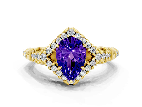 Yellow gold Pear Cut Tanzanite Solitaire Ring with Hidden Halo and Pavé Band