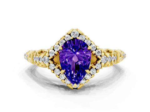 Yellow gold Pear Cut Tanzanite Solitaire Ring with Hidden Halo and Pavé Band_36
